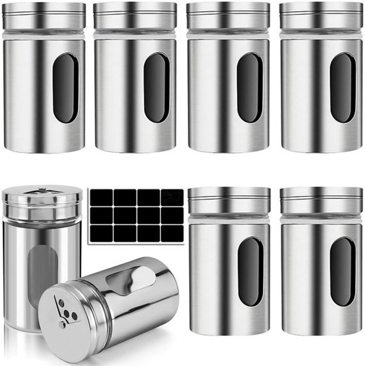 Kruidenpotjes set van 8 stuks met 3-voudige strooiregeling inclusief etiketten - 80 ml - Roestvrijstalen deksel - Mini-kruidenstrooier - Glazen potje voor zout