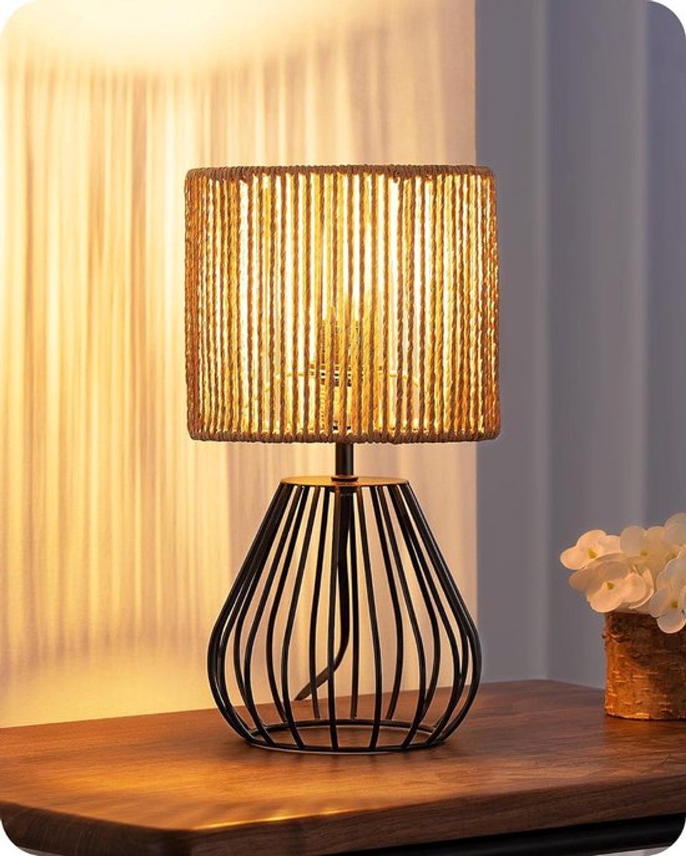 Tafellamp met Geweven Papieren Koord Lampenkap en Metaalgaaslook, Vintage Design voor Slaapkamer en Woonkamer, Zwart, Incl. LED-Lamp