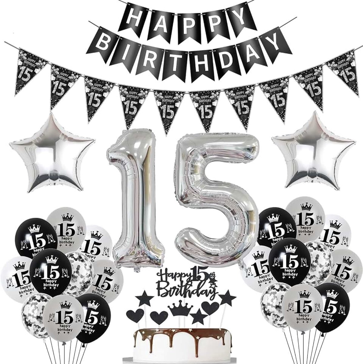Ballonnen voor 15e verjaardag, taartdecoratie, zwart, 15 jaar, meisjes, decoratie, verjaardag, jongens, meisjes, ballonnen, zwart, 15 jaar, jongens en meisjes