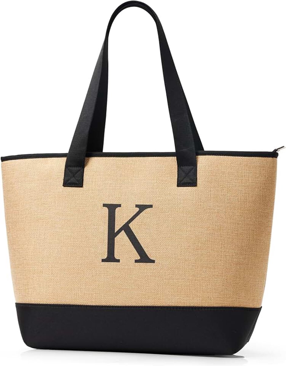 Geweven draagtas voor vrouwen, lichtgewicht monogram strandtas met rits en zandbestendige canvas basis, gepersonaliseerd cadeau