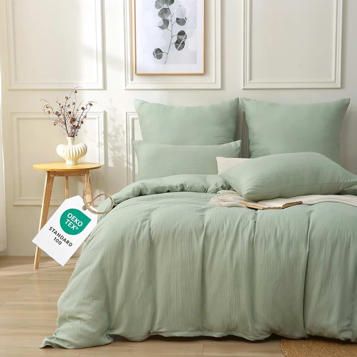 Beddengoed, 155 x 200 cm, voor eenpersoonsbed, ademend, anti-allergisch, met ritssluiting, onderhoudsvriendelijk en zacht, 1 overtrek + 1 kussen 80 x 80 cm (groen)