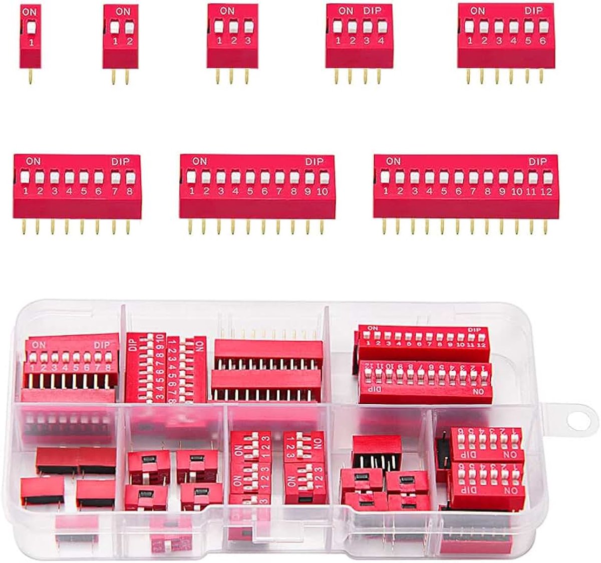 40 Stuks 1 2 3 4 6 8 10 12 Pins Dubbele Rij DIP-Schakelaar, 2.54 mm Achakelaar Achuifschakelaar, voor printplaat PCB (Rood)