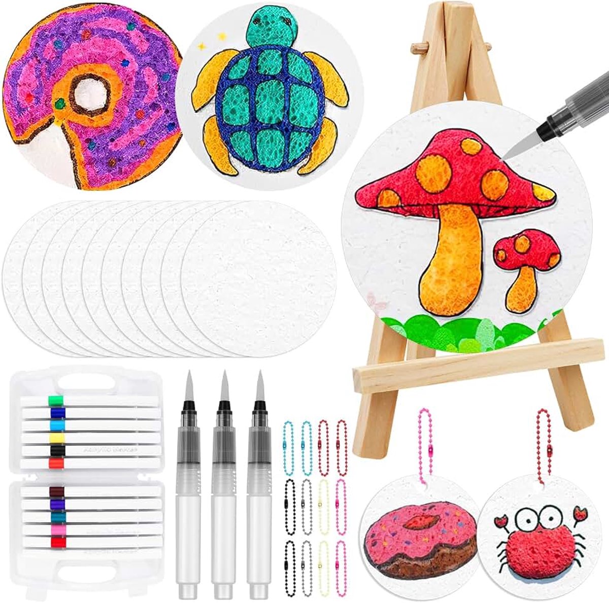 Puffy Paint Set Schuimtextuur, schilderset voor kinderen, ronde sponsafbeeldingen, 3D-schuimtextuur, schilderpapier met 10 Puffy schilderset, 12 kleuren, stiften, 10 kralenstrengen, 3