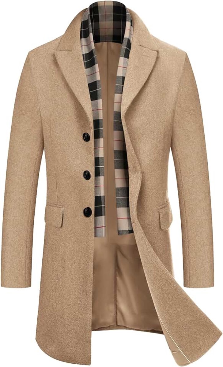 Herenmantel, winterjas, slimfit, zakelijke winterjas, warme trenchcoat, jassen, herenjas met afneembare geruite sjaals