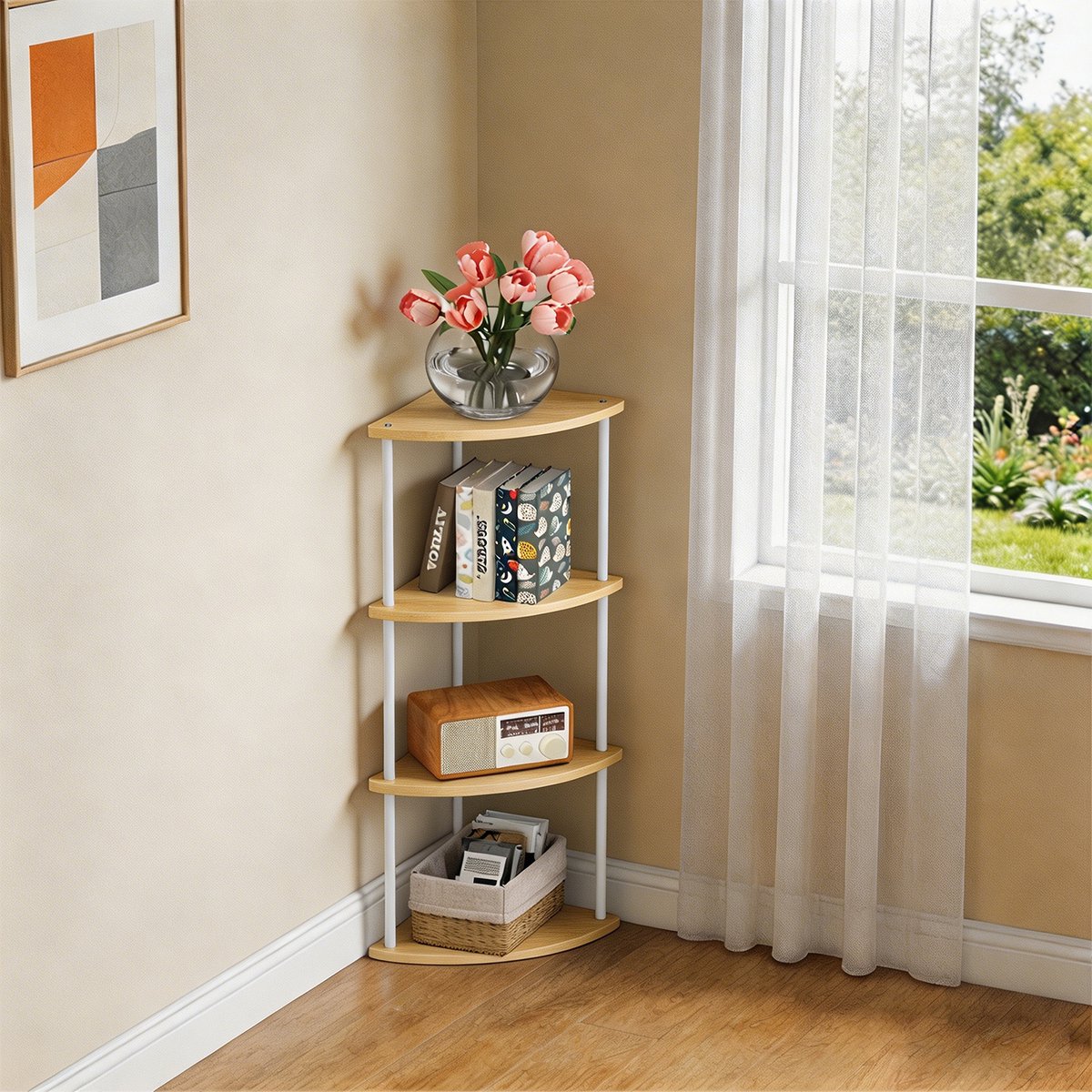 PIPIPOXER Hoekkast met 4 Lagen Hoekrek Opbergkast in Industriële Stijl 30 x 30 x 93 cm Staande kast voor Woonkamer Slaapkamer Keuken Woonkamer en Keuken Boekenkast en Plantenrek Witte esdoorn