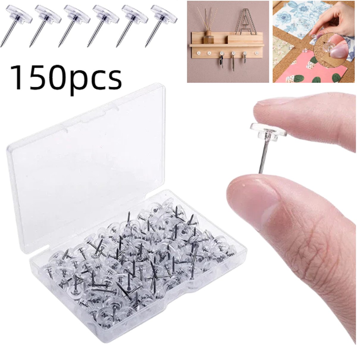 Verpakking van 150 stuks - Punaises - Plastic punaises - Prikbordpunaises - Ronde punaises - Transparant - 16*10,7 mm - Inclusief opbergdoos - Geschikt voor prikborden, posters, foto's, ansichtkaarten, kaarten
