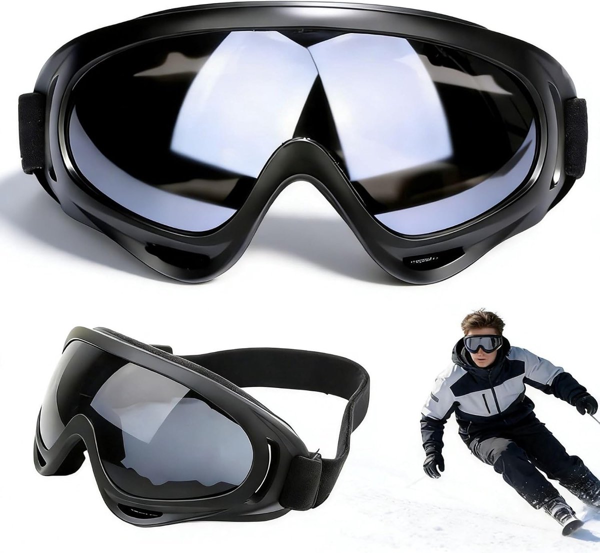 2 stuks, anti-condens, snowboardbril, 100% uv-bescherming, antislip hoofdband, zonnebril, skateboardbril, voor skiën en wintersport (zwart-grijs)