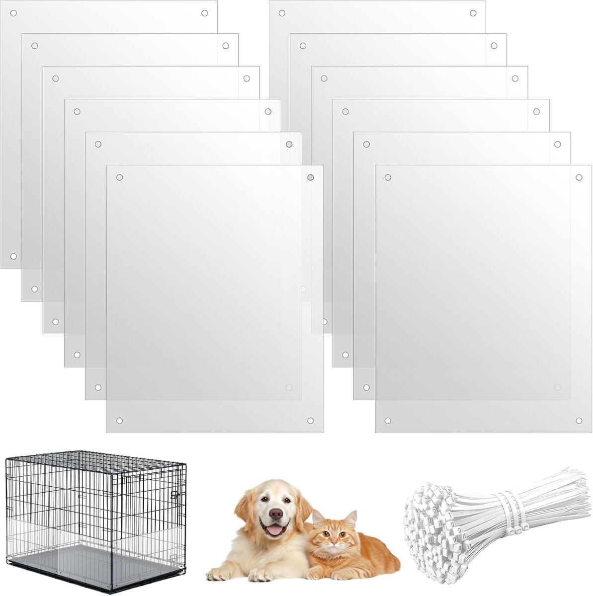 12pcs doorzichtige kooi randvoering, 26x21cm konijnenkooi urine bescherming | huisdierkooi-inzetstukken, Doorzichtige Kooi Randvoering met 100 Stuks Bundelbanden voor Konijn Cavia Hamster Egel Fret
