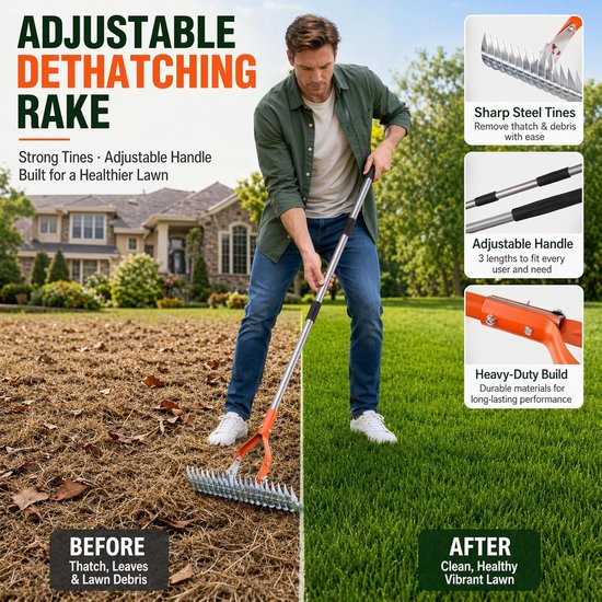 Verticuteerhark met verstelbare steel, bodemhark voor het reinigen van dood gras, 170 cm telescoopsteel, afneembare gazonhark voor tuin, erf en gazononderhoud — afbeelding 4