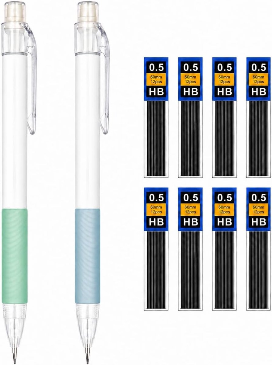 2 stuks vulpotloodset 0,5 mm mechanische stiften, inclusief 6 HB-vullingen, geschikt voor schetsen, tekenen, schrijven en voor huiswerk (blauw en groen)