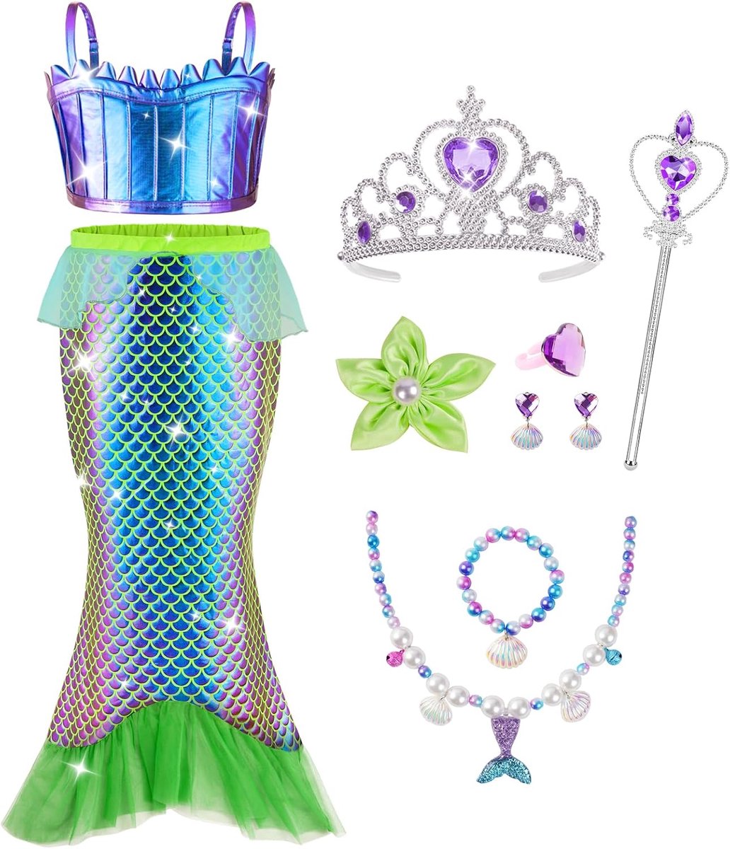 9-delig zeemeerminnenkostuum voor meisjes, zeemeerminnenjurk met tops, rokken, scepterketting, oorbellen, accessoires, kostuum voor meisjes, Halloween, cosplay, verjaardag, carnaval, feestjes