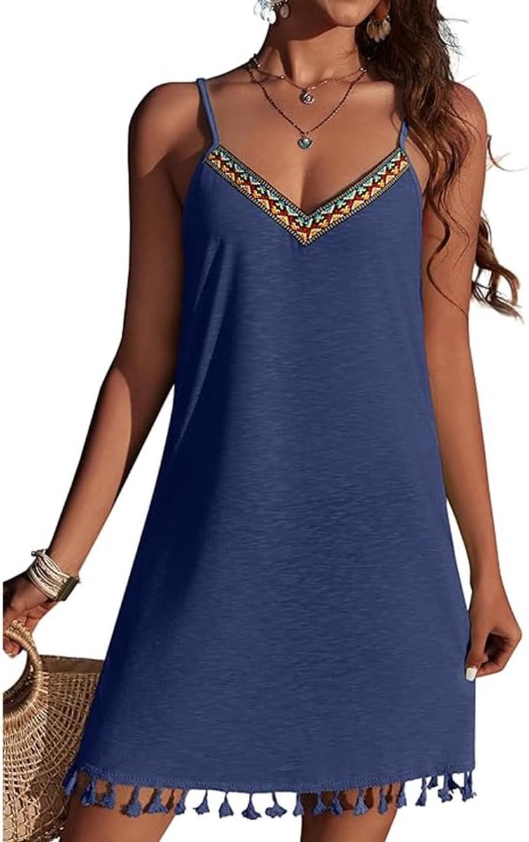 Strandjurk voor dames, zomerjurk, strandtuniek, kort, bikini-cover-up, V-hals, strandponcho, mouwloos, badmode, badpak,