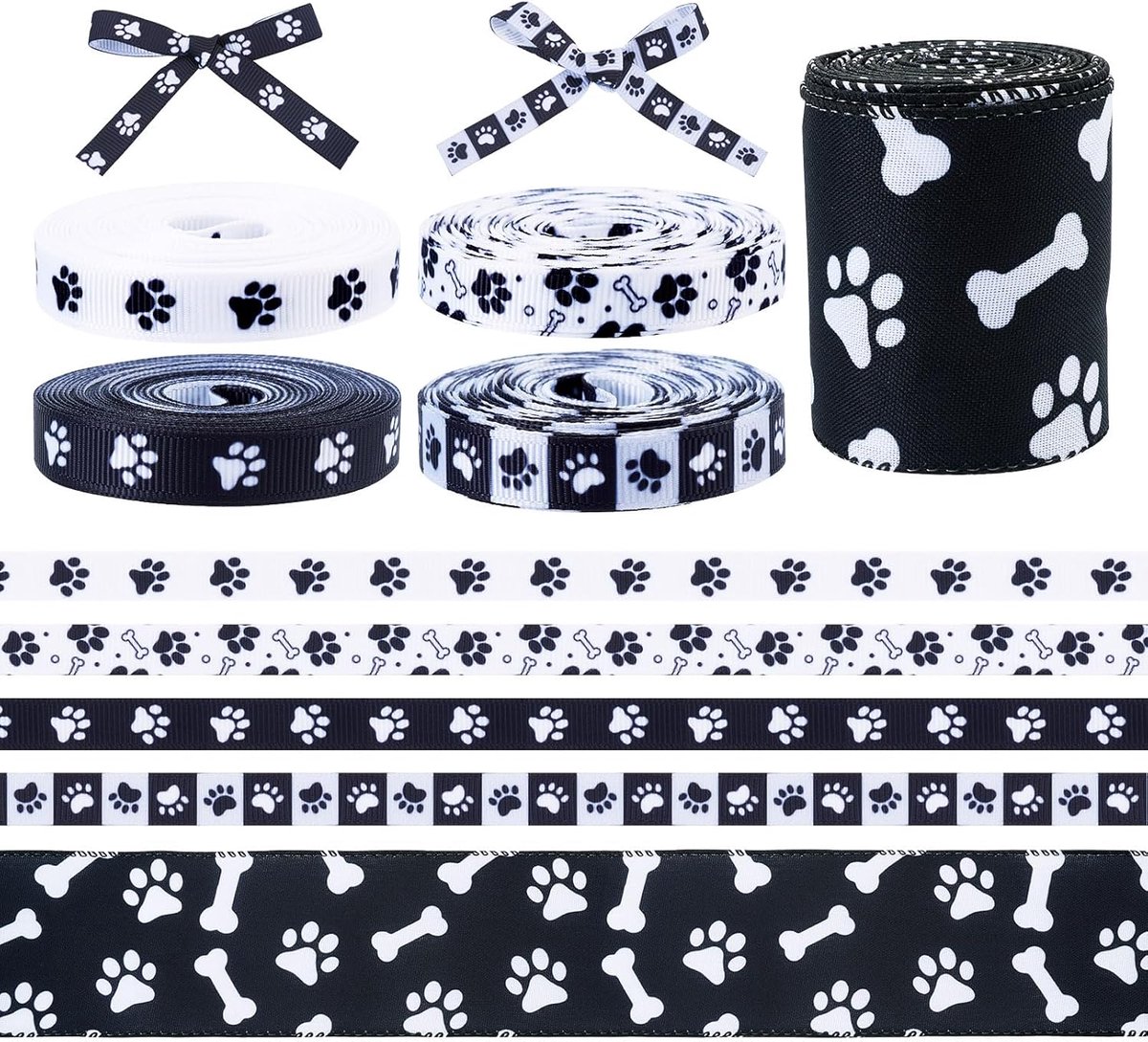 5 Rollen Poot Print Grosgrain Lint Zwart/Wit Bot Patronen Linten 10 mm Dier Thema Hond Poot Print Polyester Linten Voor Doek DIY Maken Decor Strik