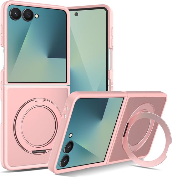 Coque de téléphone rose dépliée avec support bague, vue détaillée des caméras