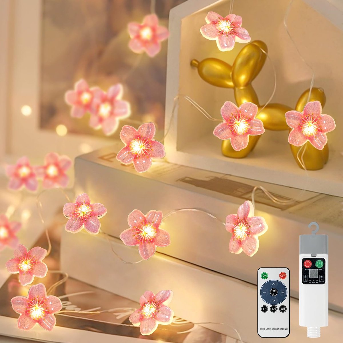 Lichtketting kersenbloesem 5 m - oplaadbare batterij - 50 leds - 8 modi voor binnen en buiten - SnelShoppen