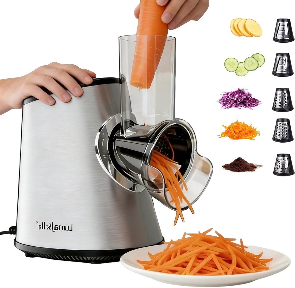 Elektrische Groentesnijder - Keukenmachine Rasp - Snel Ingrediënten Bereiden - 5 Professionele Messen - 800 W Motor - Zilver