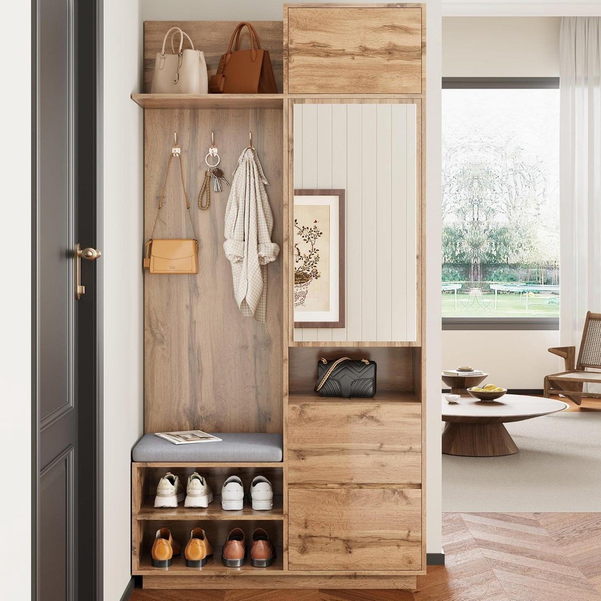 Garderobe met spiegel - Halmeubel set - Entree organiseren - Multifunctioneel design - 90x190cm - Natuurlijk