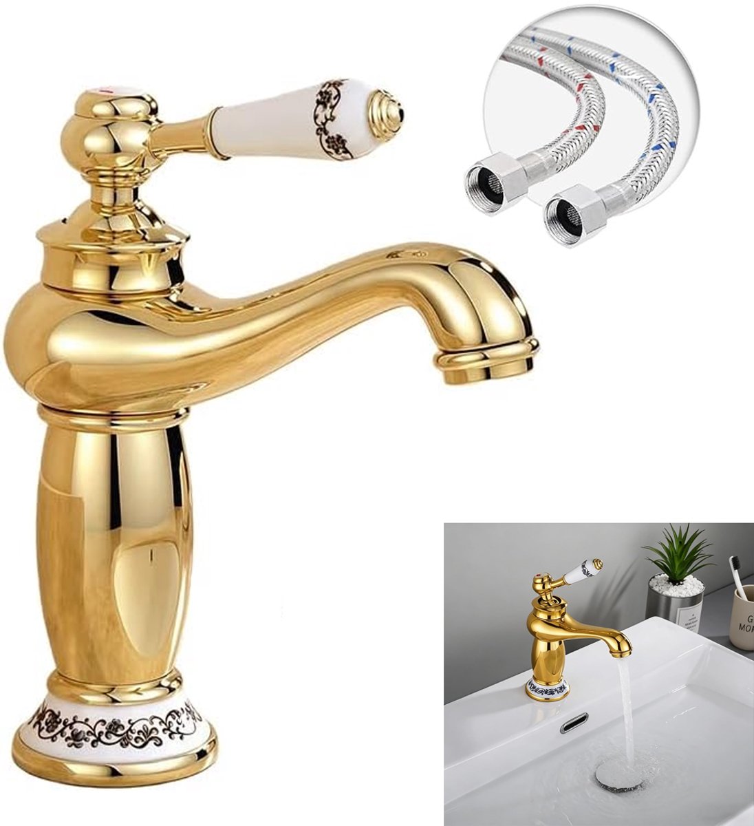 KZQ Wastafelmengkraan - Goud - Antiek Design - Keramiek Handgreep - Eengreeps - Warm En Koud - Incl 60cm Slangen En 3/8 Slangen - Messing