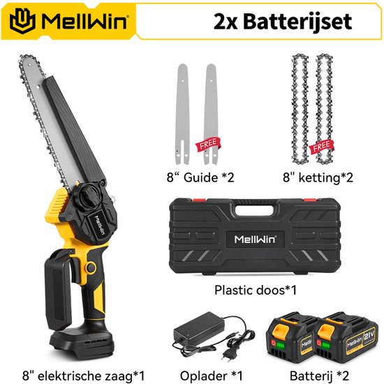 MellWin Kettingzaag - Professionele Mini Kettingzaag - Elektrische Snoeischaar - 8 inch Takkenzaag - met 2x Accu's & 2x Kettingen van MellWin — afbeelding 3