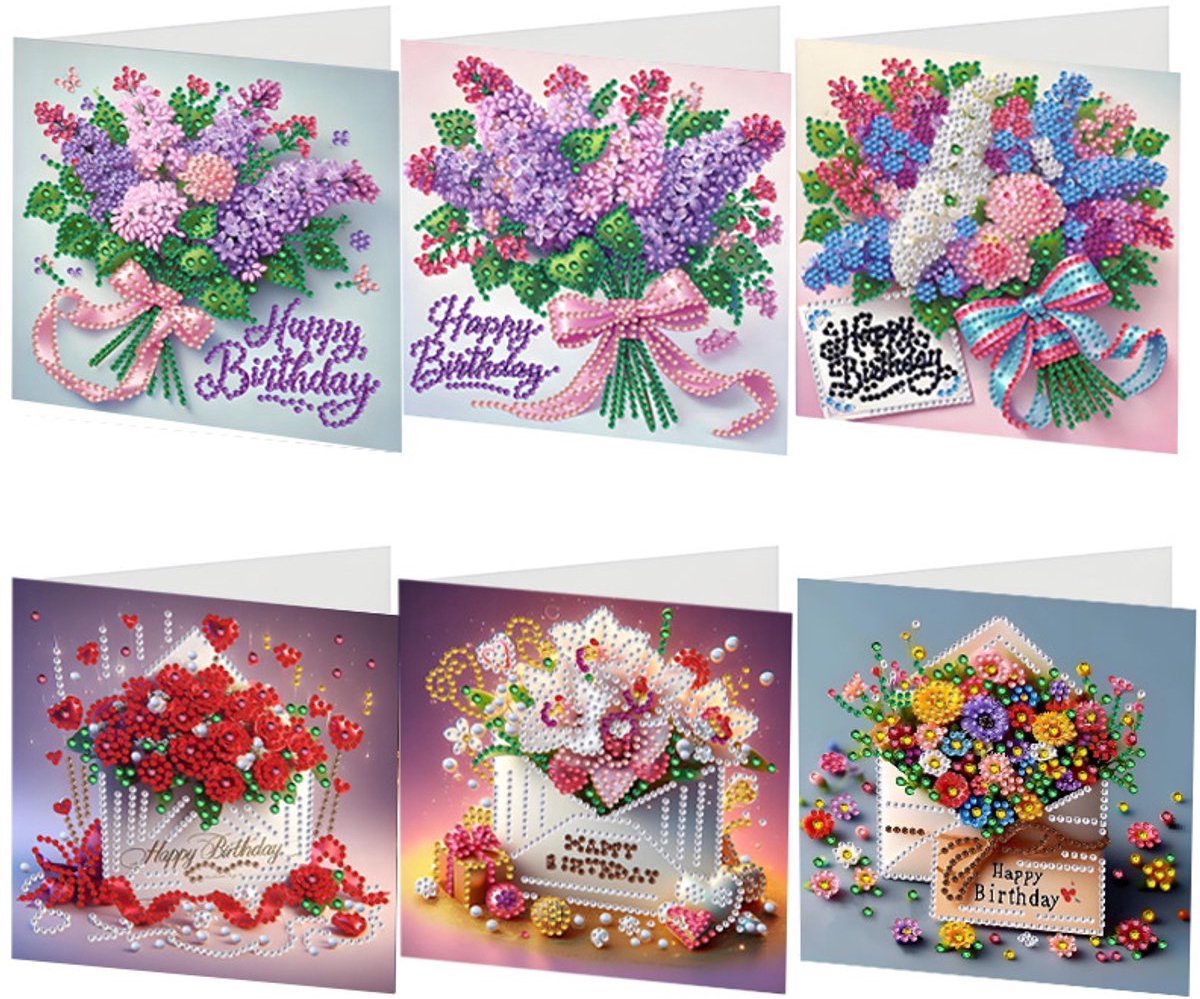 Casalora Diamond Painting kaarten - 6 Diamond Painting Wenskaarten - Verjaardagsthema - DIY Kaarten, Speciale Diamanten, Enveloppen en Accessoires - C