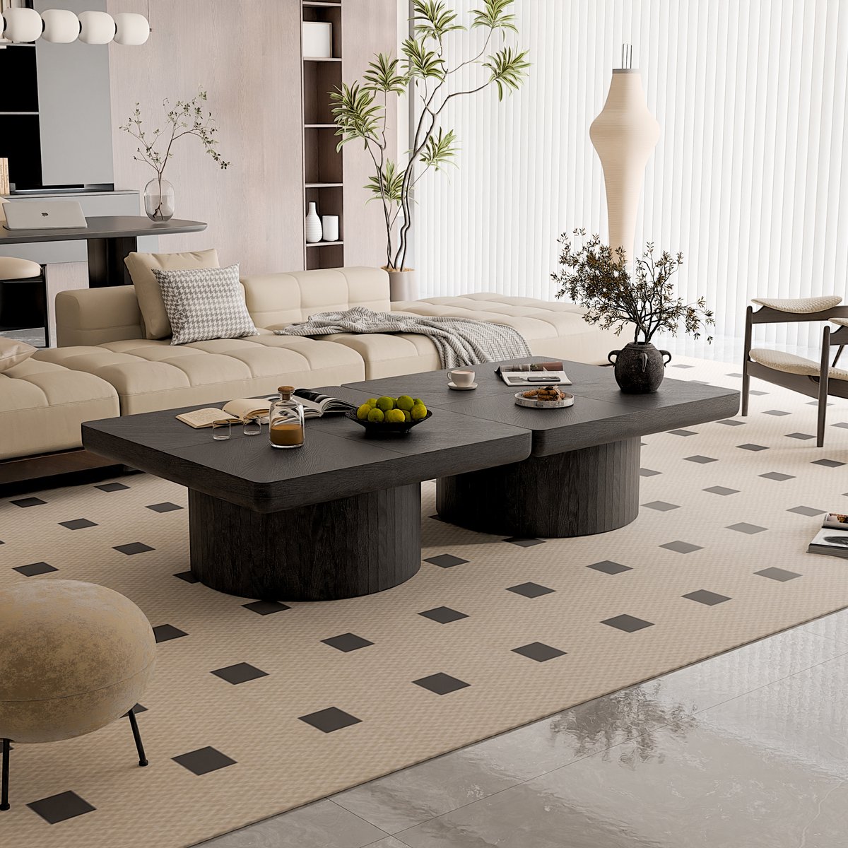 DESMIU Salontafel Vierkant 78 Cm Modern Met Houtfineer En Parquetpatroon Cilindrische Basis Zwart 78 X 78 X 38 Cm
