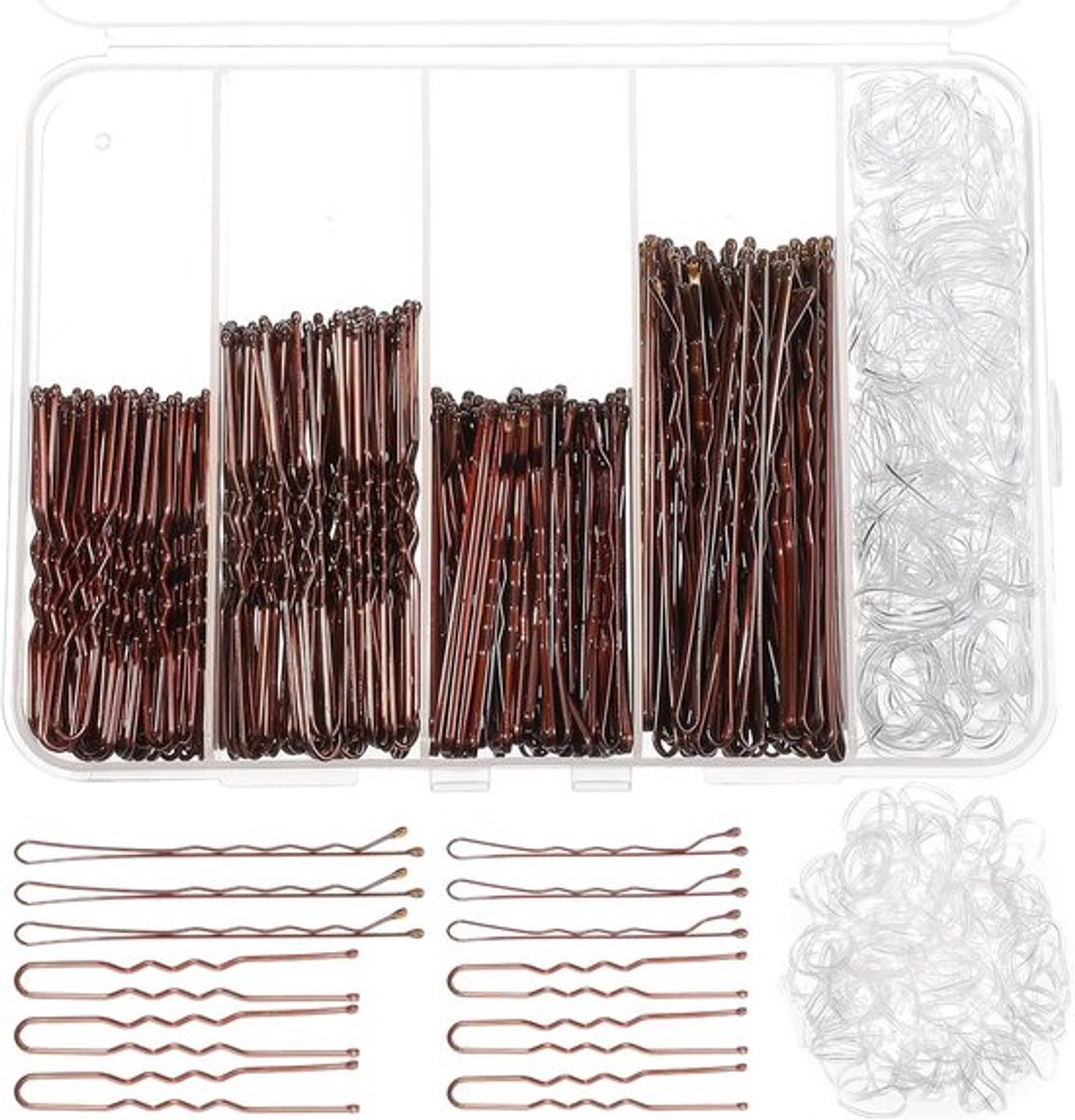 300 stuks haarspeldjes-set – 100 bruine, 100 haarspeldjes voor vrouwen, 100 doorzichtige elastische haarbandjes, U-vormige speldjes voor kapsels met bewaardoos 5cm/6cm/7cm