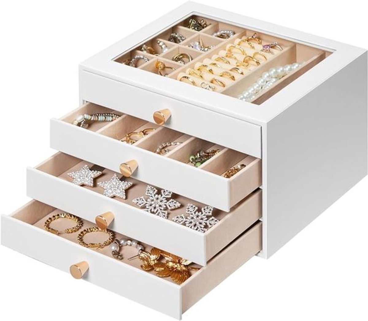 Sieradendoos met 4 lades en glazen venster, fluwelen voering, wit, 23 x 20 x 15,6 cm