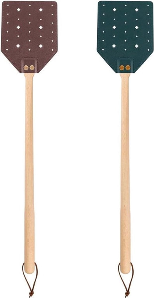 Leren Vliegenmepper - Vliegenmepper - Handmatige Vanger - Houten Handvat - Holle Wespenmepper - Binnen en Buiten - Donkergroen - Bruin - Geschikt voor - 2 Stuks