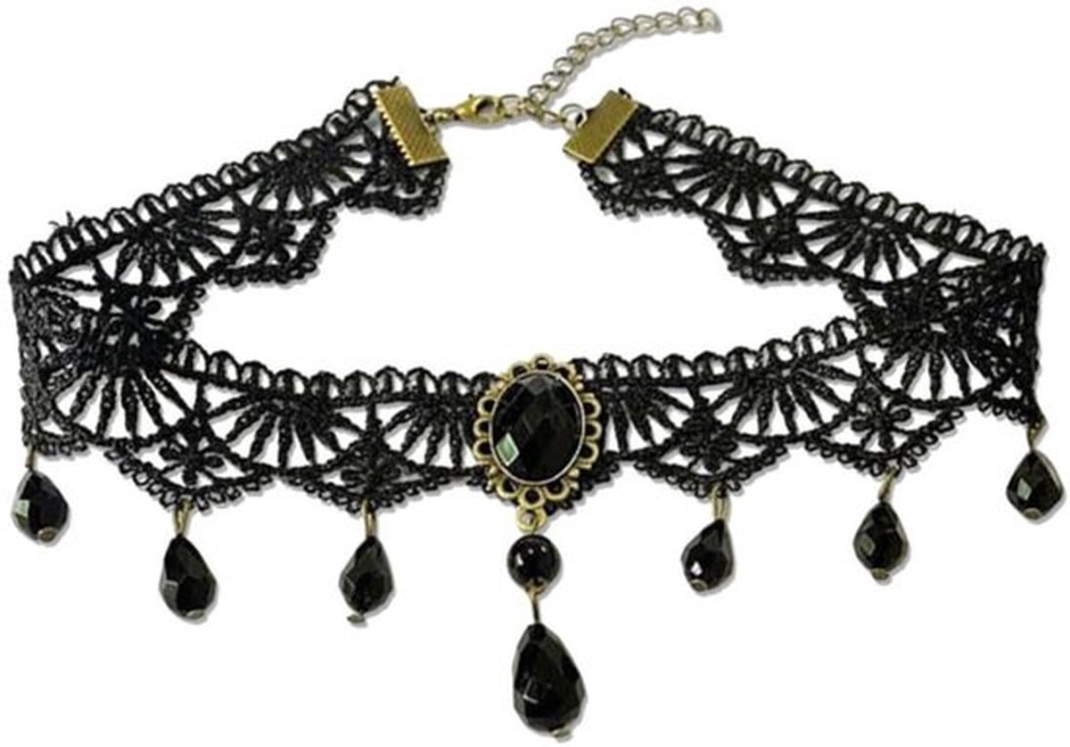 Halsketting Zwart - Gothic Kraag - Edelsteen - Uniek Design - Party Accessoires - Geschikt voor Vrouwen/Meisjes - Sieraad