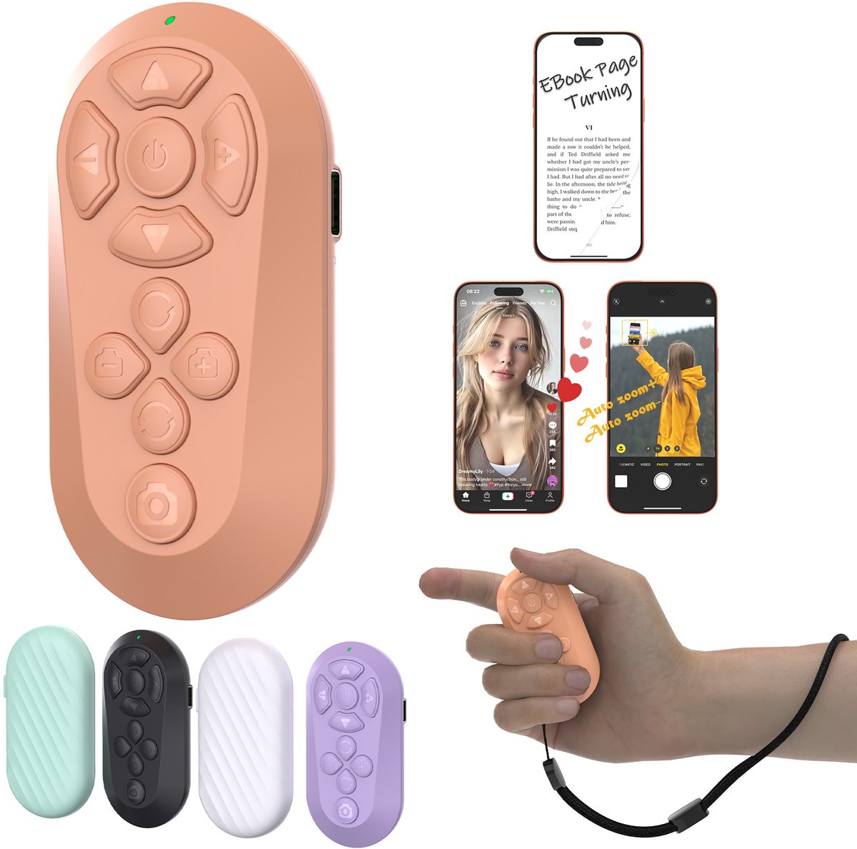 Bluetooth afstandsbediening – Geschikt voor iOS en Android – draadloze bediening – Geschikt voor TikTok, camera, video opname en e-reader lezen - Oranje