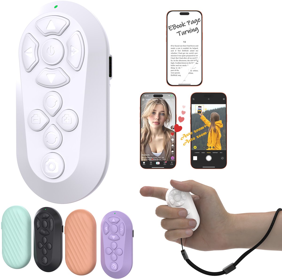 Bluetooth afstandsbediening – Geschikt voor iOS en Android – draadloze bediening – Geschikt voor TikTok, camera, video opname en e-reader lezen - Wit
