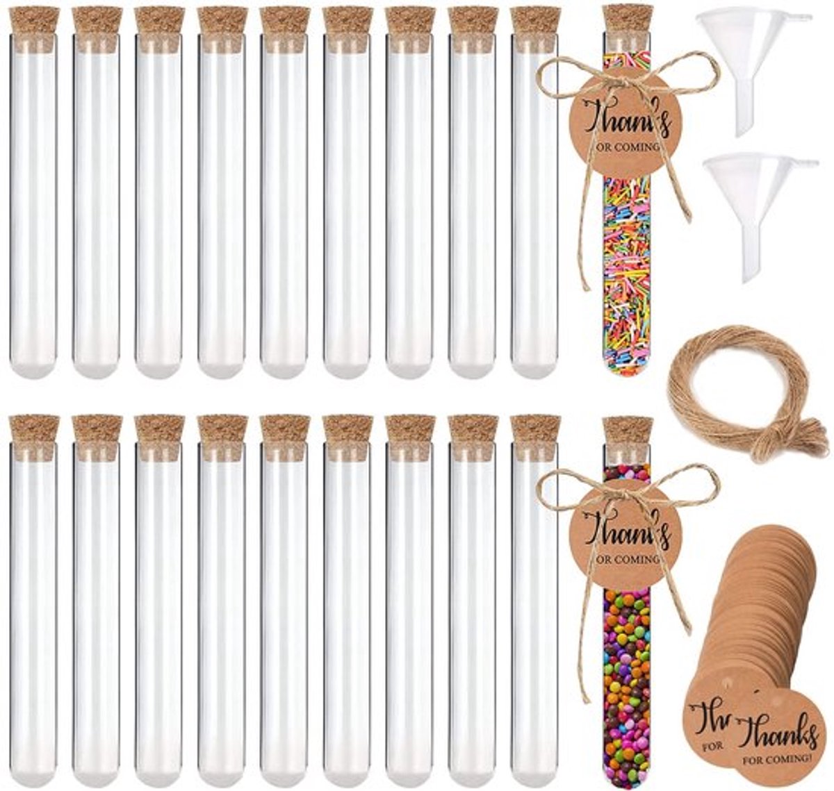 Set van 42 kurkproefbuizen - transparante plastic proefbuizen - 16 x 100 mm - met 50 kraftpapier labeltjes - 2 trechters - 20 m jute touw - voor DIY-badzout en specerijen