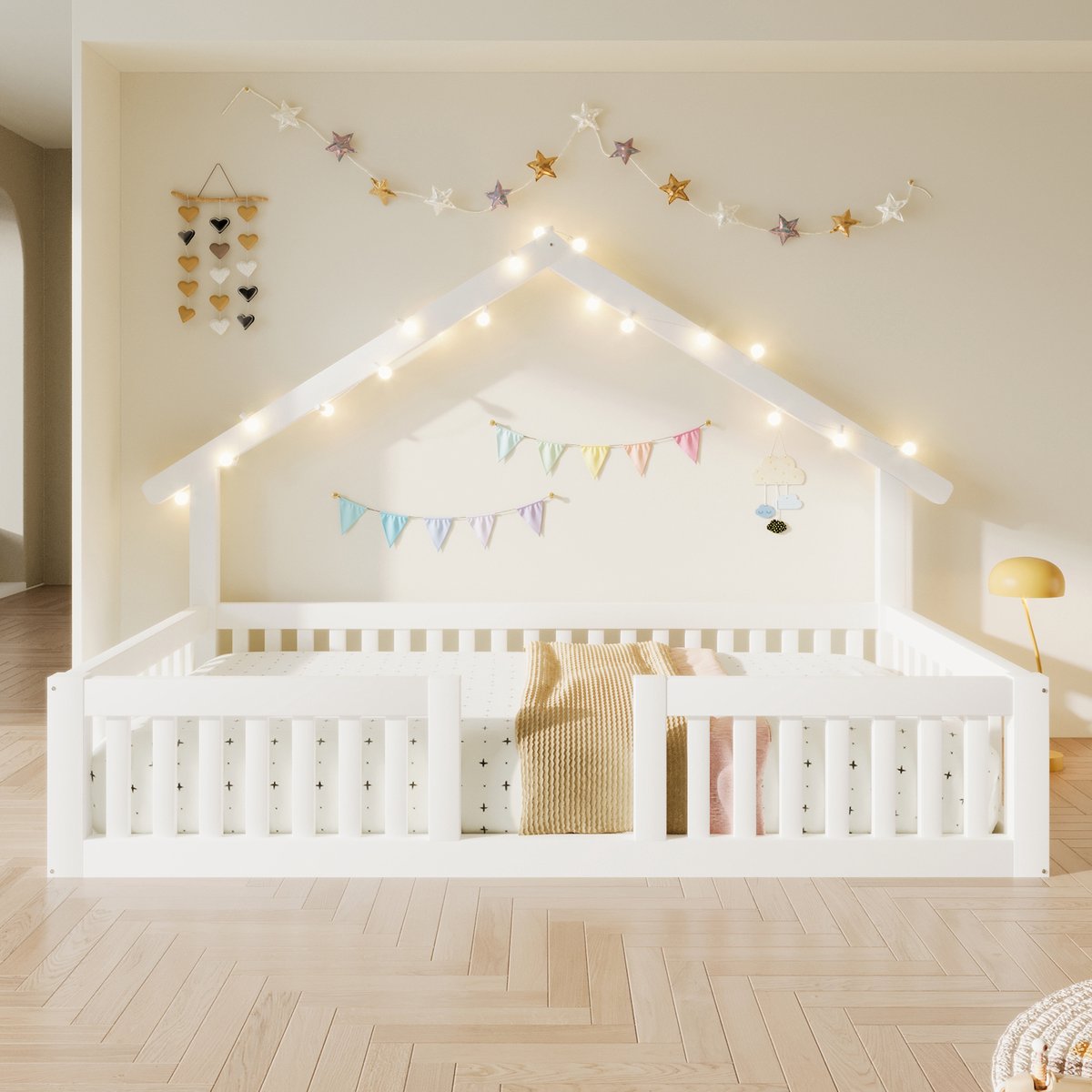 90x200 cm kajuitbed met valbeveiligingsrails - huisbed met LED-verlichting - vloerbed - wit