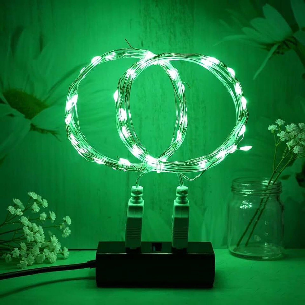 2 stuks LED-lichtslinger, 2M / 6.6 Ft, USB-voeding, waterdicht, buiten/binnen, voor slaapkamer, tuin, bruiloft, Kerstmis, doe-het-zelf, enz. (Groen)