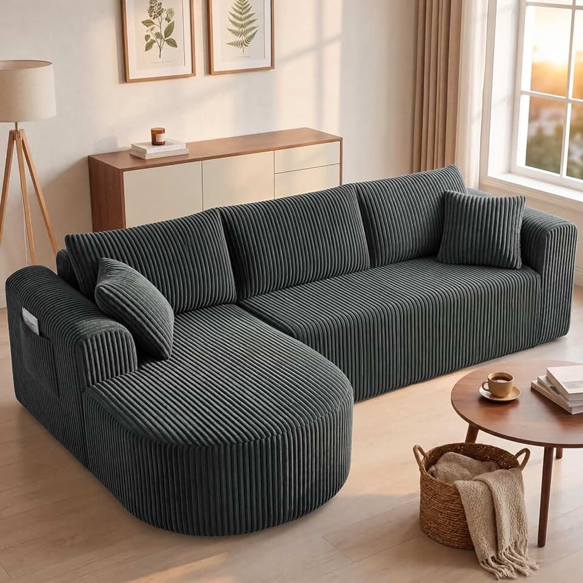 Hoekbank met slaapfunctie, 243 cm, corduroy, modulaire boneless bank met chaise longue, L-vormige slaapbank, sectionele banken met kussen en zijzakken, bank voor woonkamer, geen montage, grijs