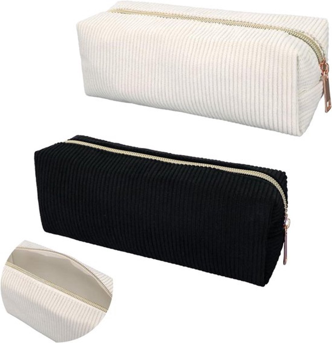 Esthetisch potloodetui van corduroy voor volwassenen in beige en zwart - 2 stuks