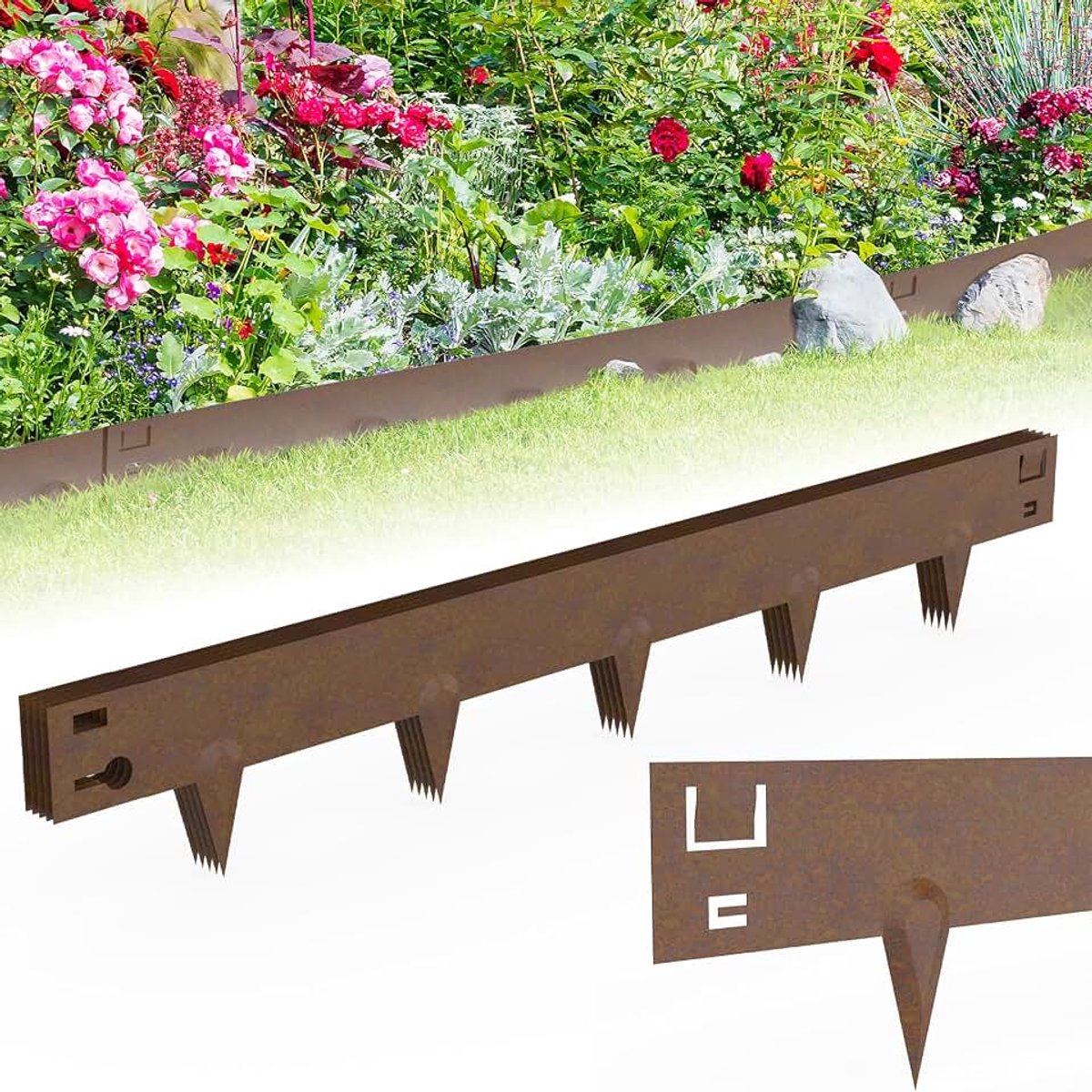 Flexibele gazonrand, L 106 x H 16 cm, bloembedomranding met doornen, tuinperkbegrenzing voor binnenplaats, boerderij, kan worden gebruikt, roestkleur, 5 stuks