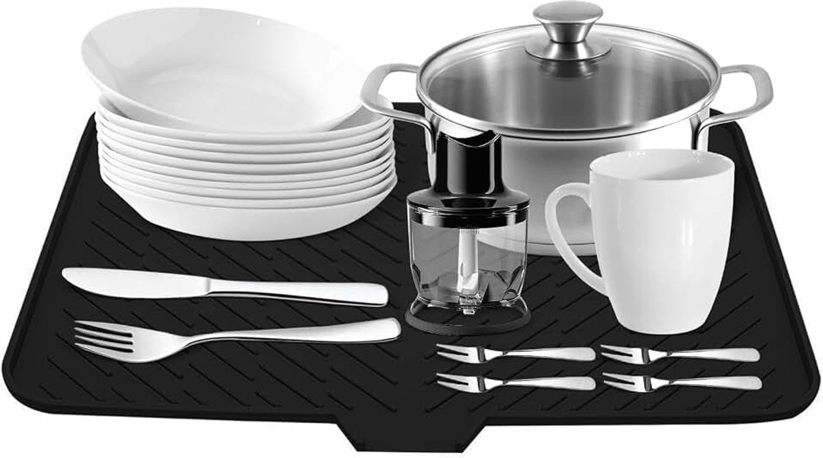Afdruipmat, afdruipmat, servies, gootsteen, siliconen met afvoer, siliconen afdruipmat voor badkamer, keuken, werkblad, barmat, zwart, 58 x 43 cm