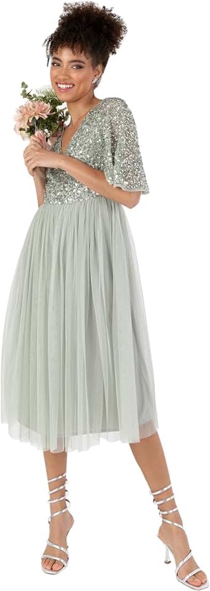 Deluxe Womens Ladies Dress For Wedding Guest V Neck Flutter Short Sleeve Sequin Embellishment Prom Bridesmaid dames Bruidsmeisjesjurk