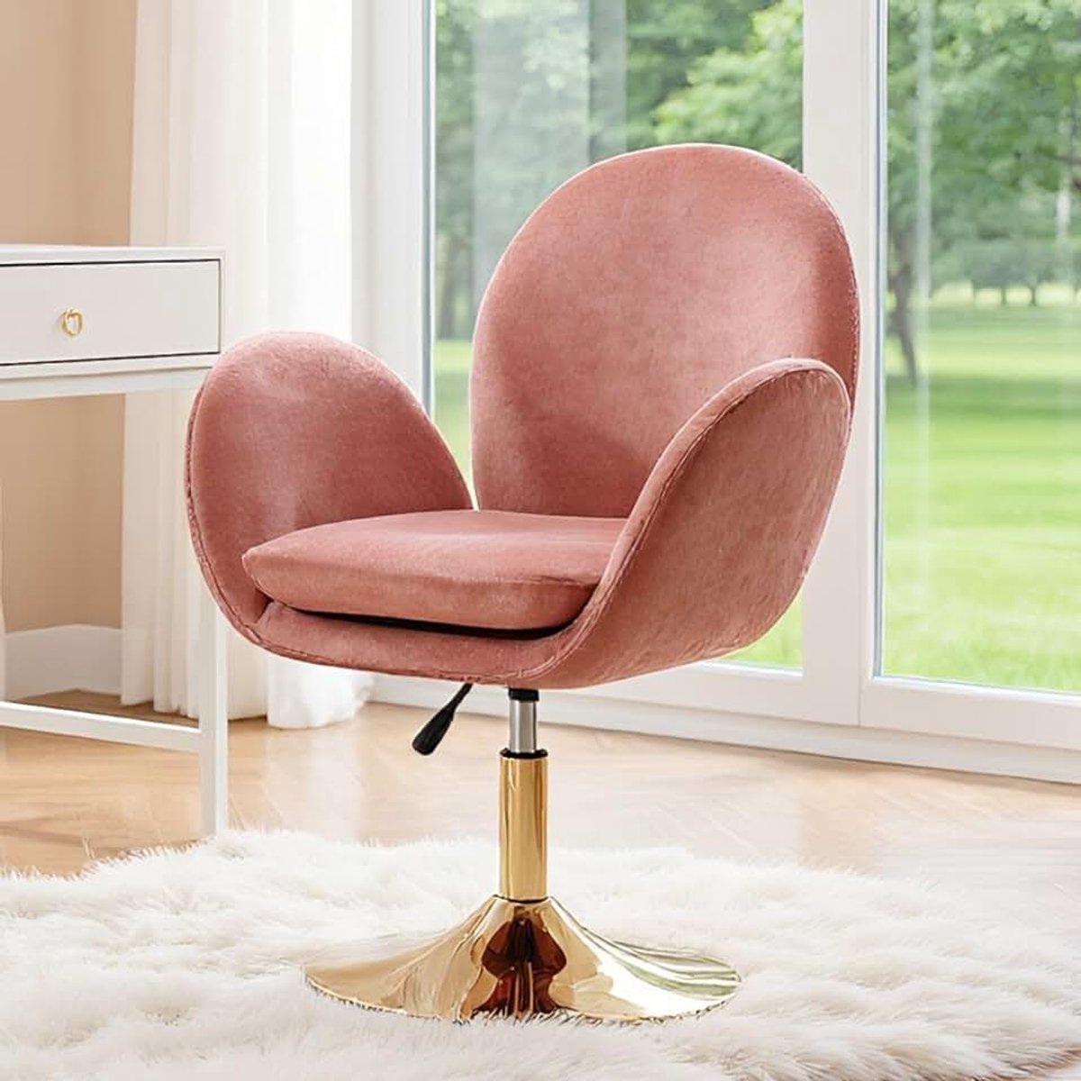 Chairus Fluwelen gestoffeerde stoel, ergonomische draaistoel, make-upstoel zonder wieltjes, in hoogte verstelbaar, gestoffeerde stoel voor woonkamer, slaapkamer (roze)