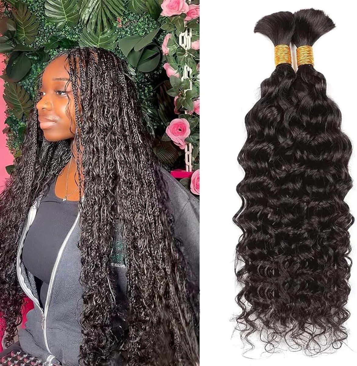 Wave Braiding Hair For Braids Water Wave Bulk Human Hair for Boho Braids 100% Unprocessed Brazilian Bulk Human Hair for Braiding No Weft Natural Color 16inch 2 Bundles 100g (1Pack-2PCS)