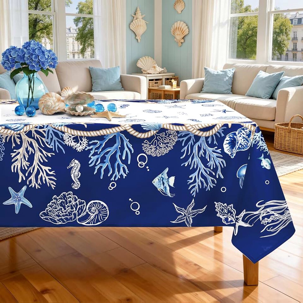 Coastal polyester tafelkleed, wasbaar tafellaken onder de zee, rechthoekig, 152 x 264 cm, decoratieve tafelhoes voor familiediners, dagelijks gebruik en feesten, terrasdineren