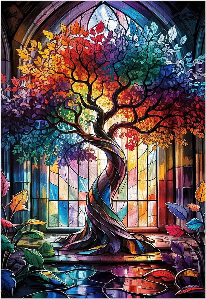 300 Stuk Puzzel voor Volwassenen Tree of Life Jigsaw Puzzels | Glas in lood puzzel voor volwassen kinderen woondecoratie verjaardagsfeestje cadeau speelgoed 35x25 cm