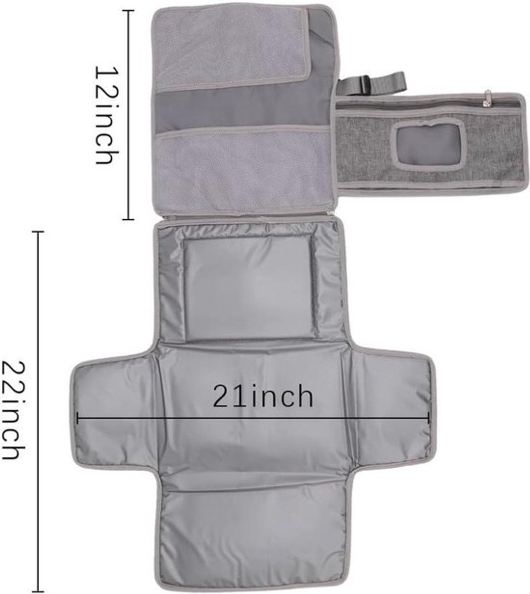 Draagbare aankleedmat - Opvouwbaar - Grijs - Waterdicht - Reismat - Met opbergzakken - Douchemat - Geschikt voor baby's - 54 x 86 cm.