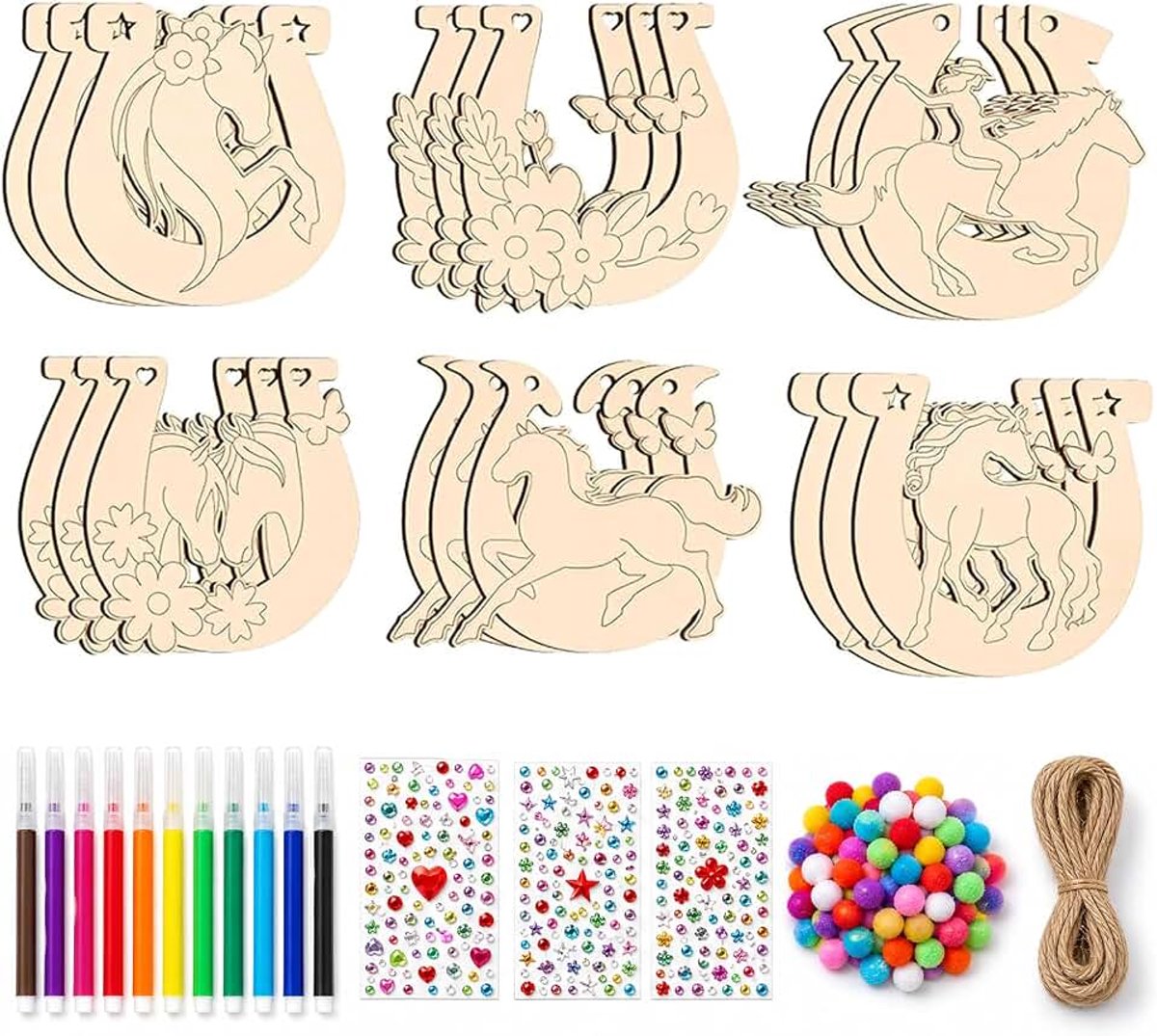 Hout om te beschilderen, knutselen voor kinderverjaardag, paardenknutselen, doe-het-zelf houten hangers met houten schijven, hoefijzervorm, stickers, houten schijven knutselen