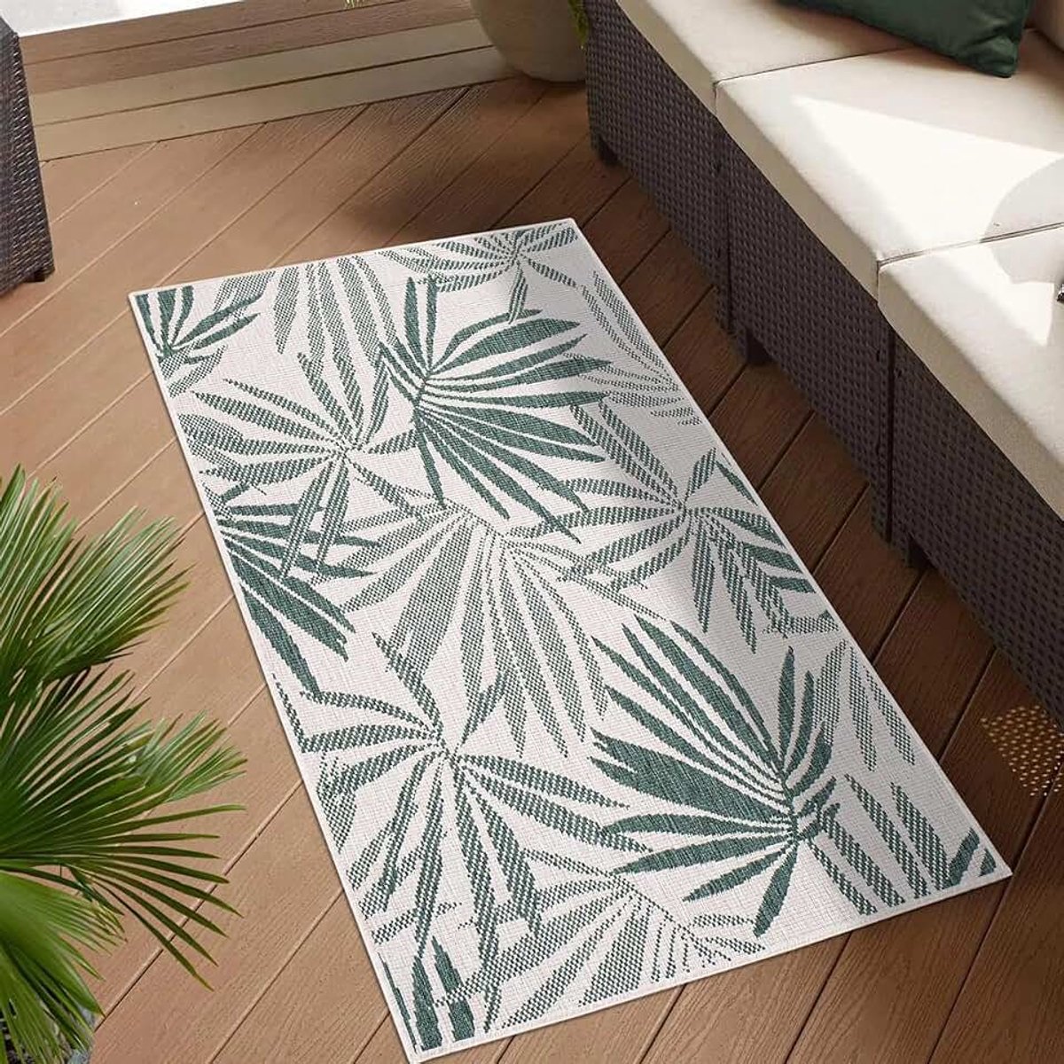 Carpet city Indoor en outdoor tapijt, groen, crème, omkeerbaar tapijt, 80 x 150 cm, bloemenpatroon, weerbestendig voor balkon, terras, loper, modern, voor binnen en buiten, hal, keuken