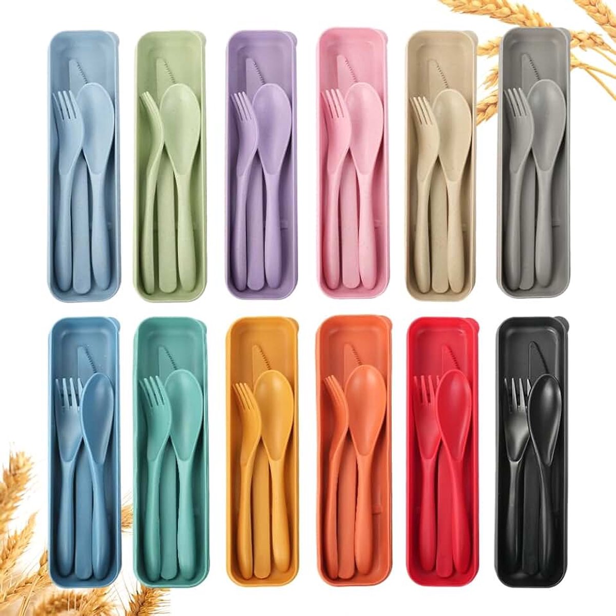 Bestek, 12 sets, draagbaar campingbestek, herbruikbaar reisbestek met etui, plastic lepel, vork, mes, bestek voor kinderen, volwassenen, school, picknick (12 kleuren)