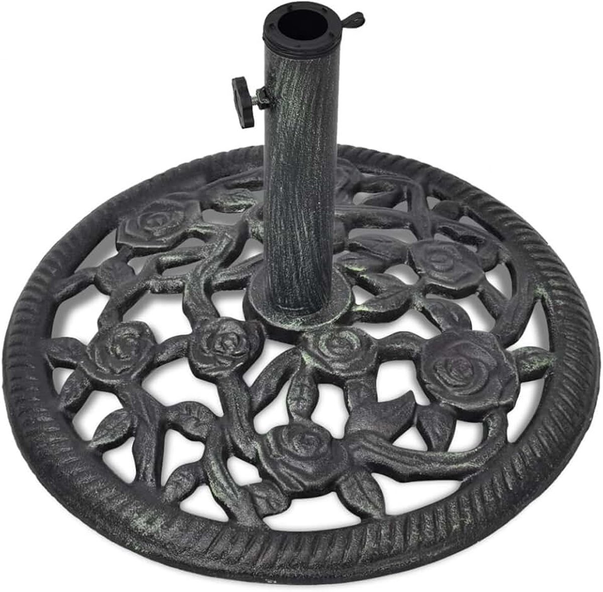 Basis, standaard, parasol, parasol, van gietijzer, zwart en groen, 12 kg, Ø 48 x 32,5 cm, 54 mm, houder voor parasol, parasol, metaal, 48 cm