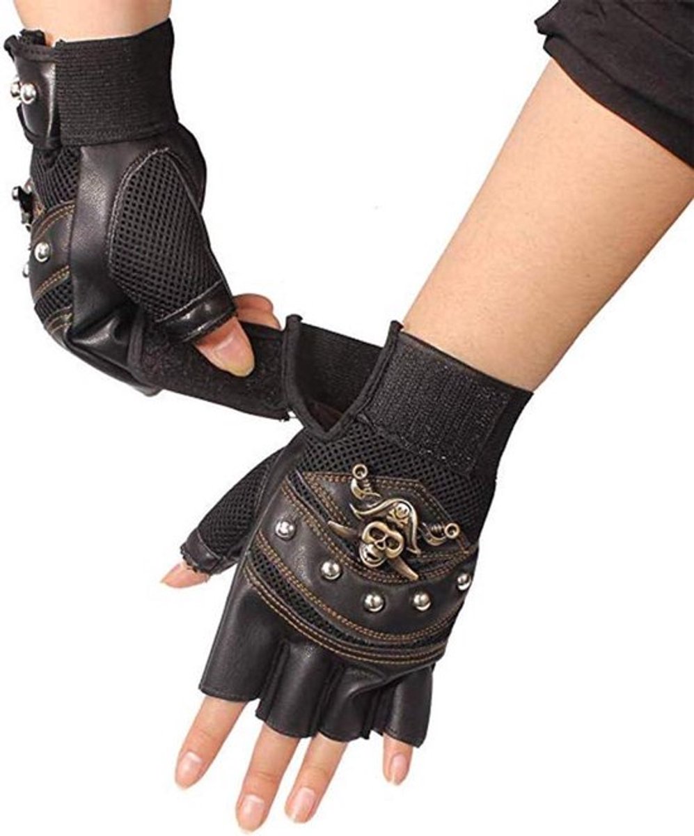 Vingerloze handschoenen met klinknagels voor heren, geschikt voor outdoor motorrijden, zwart, één maat.