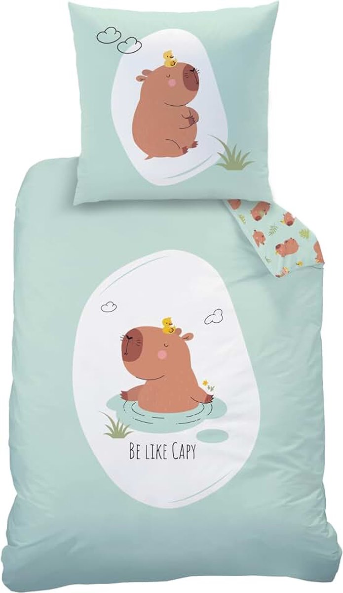 Capybara Beddengoed 135 x 200 cm + 80 x 80 cm, renforcé katoen, Öko-Tex gecertificeerd, ritssluiting, schattig Capybara-motief "Be Like Capy", cadeau voor kinderen en tieners